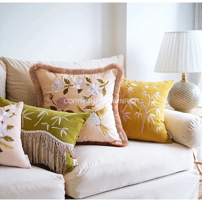 DecorBites™ Bamboo Embroidered Fringed Velvet Lumbar Pillow Cover 30x50cm Luxurious Artistic Oriental Style