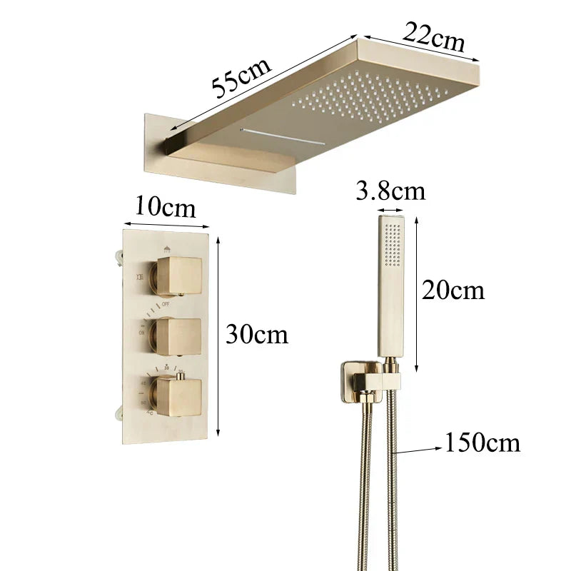 DecorBites™ Gold Thermostatic Rain Waterfall Shower Faucet Set - Wall Mounted Shower System