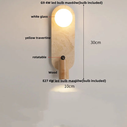 Decorbites™ LED Wandlampe 2 Glasball Weiß, Gelber Travertin-Stein Innenbeleuchtung
