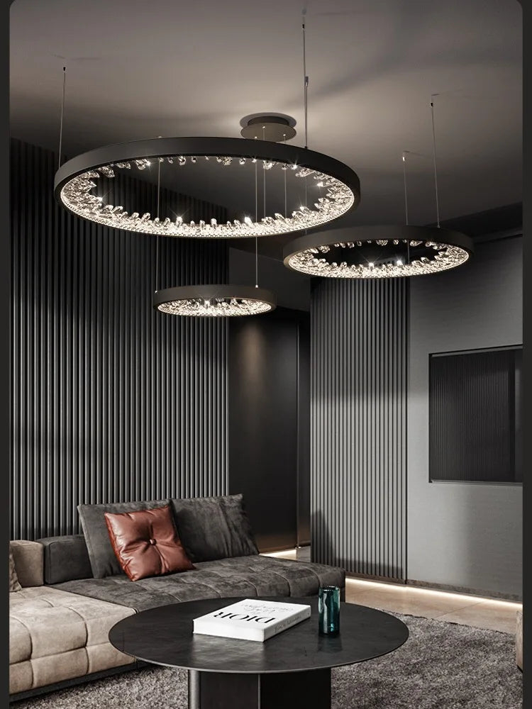 DecorBites™ Crystal Led Chandelier: Modern Luxury K9 Ring Dimmable Circle Hanging Lamp - Bedroom Living Dining Room Lighting