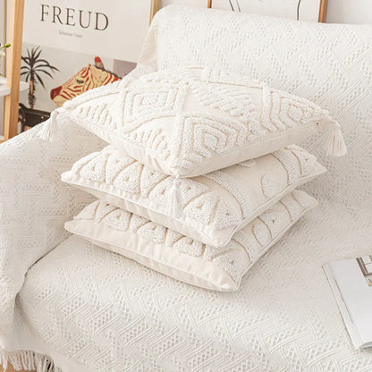 DecorBites™ Cotton Tassels White Cushion Covers 45x45/30x50cm - Square Geometry Pillowcase