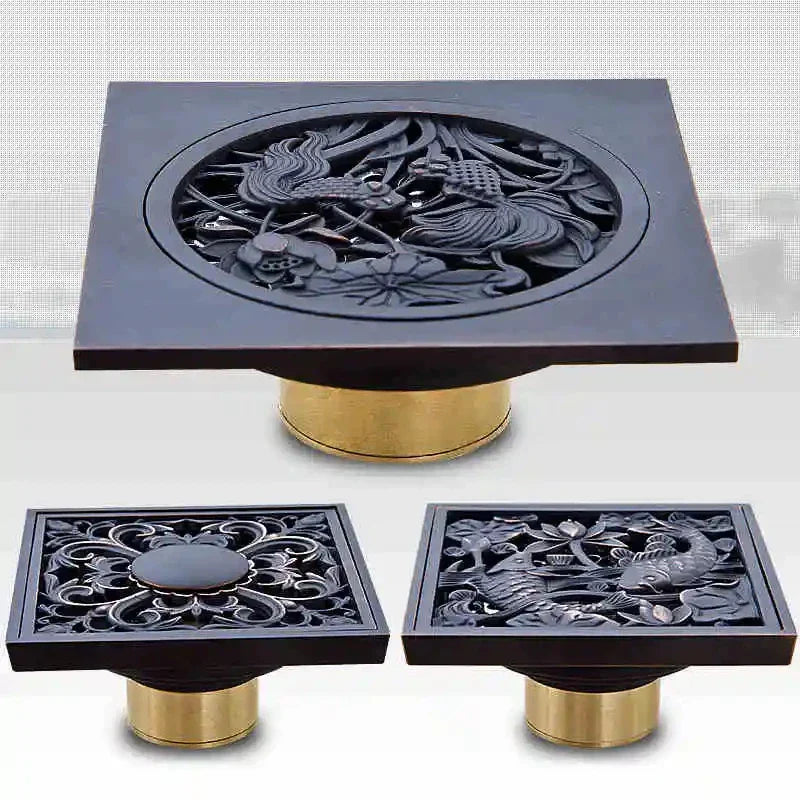 Decorbites™ Schwarze Messing Duschraster Ablauf Abdeckung Boden Quadratisch Kunstvoll Geschnitztes Gitter Becken SY-073R