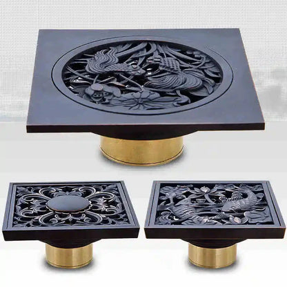 Decorbites™ Schwarze Messing Duschraster Ablauf Abdeckung Boden Quadratisch Kunstvoll Geschnitztes Gitter Becken SY-073R