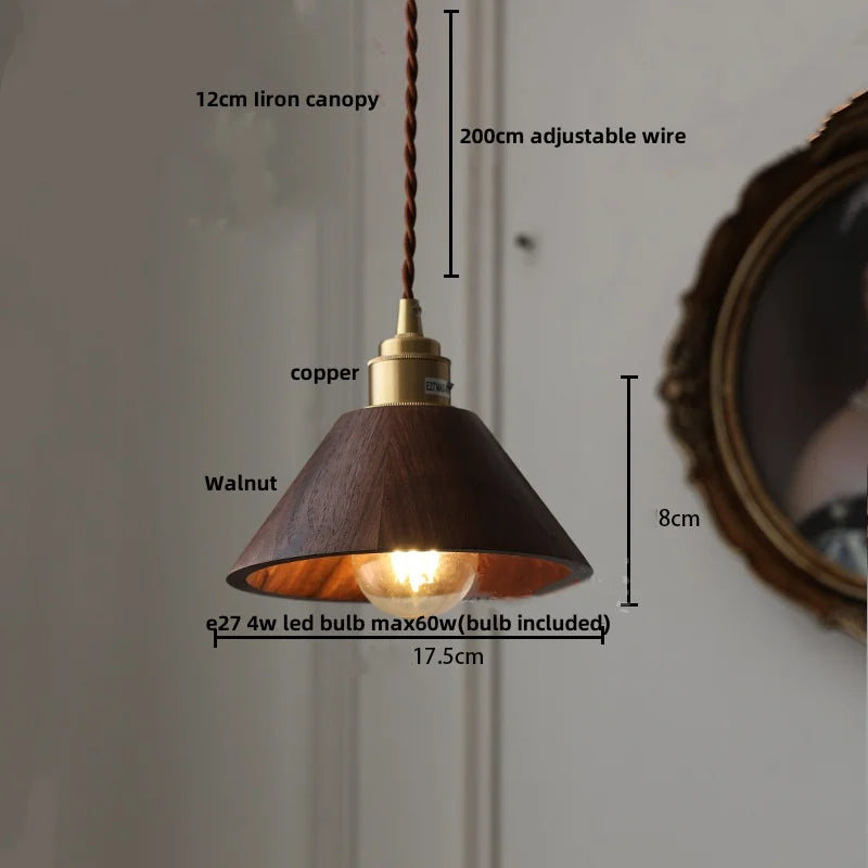 DecorBites™ Glass LED Pendant Lamp Walnut Wood Brass Hanging Lights