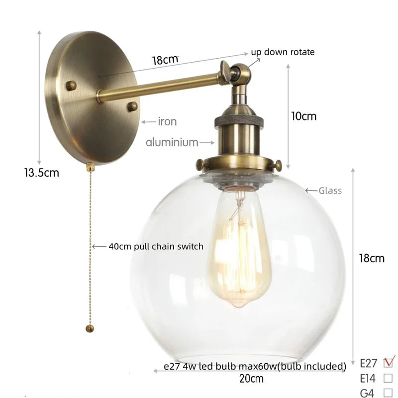 Decorbites™ Glasgloben-LED-Wandleuchte mit einarmiger Armatur Nachttischlampe im Vintage-Industrial-Stil