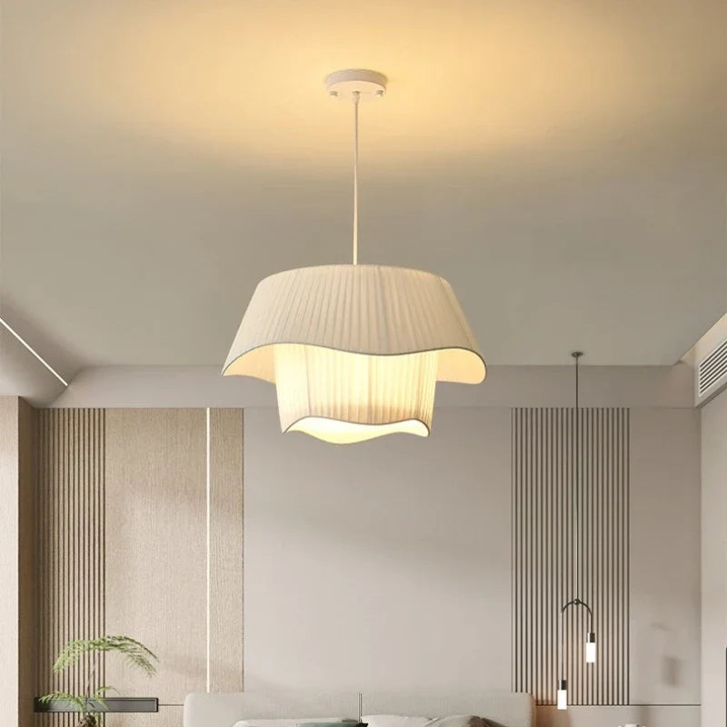DecorBites™ Creamy Style E27 Chandelier Bedroom Pendant Lights: Minimalist White Fabric LED Lamps