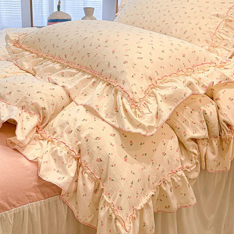 Decorbites™ Koreanische Prinzessin Blumenmuster-Bettwäsche-Set aus gewaschener Baumwolle für Mädchen