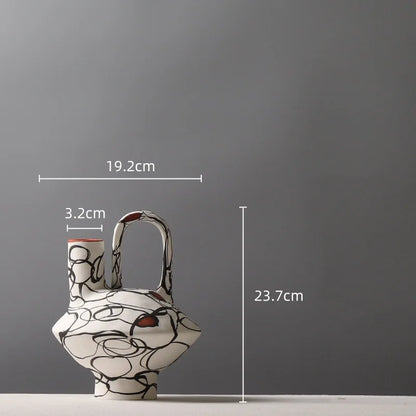 DecorBites™ Geometric Graffiti Ceramic Vase with Handles for Home Decor and Floral Arrangements.