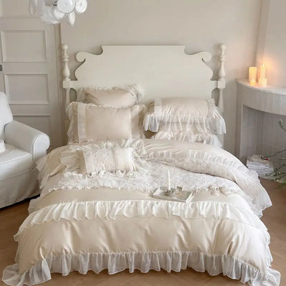 DecorBites™ French Lace Ruffles Flowers Bedding Set: Duvet Cover, Sheet Set, Pillowcases