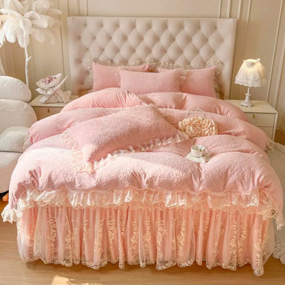 Decorbites™ Spitzen-Prinzessin-Bettwäsche-Set mit Samt-Bettrock & Steppdeckenbezug
