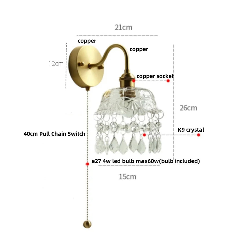 Decorbites™ Kristall Vintage LED Wandlampen mit Zugschalter Luxus Kupfer E14 Treppenlicht