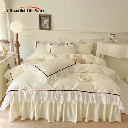 Decorbites™ Spitzen-Volants-Bettwäsche-Set: 4-teilig, einfarbiges Prinzessinnen-Bettüberzug, Bettrock, 100% Baumwoll-Kissenbezug