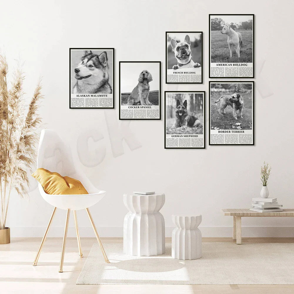 Decorbites™ Poster mit Schwarz- und Weiß-Hunderassen: Windhund, Cocker Spaniel, Akita, Malamute, Vieh-Hund