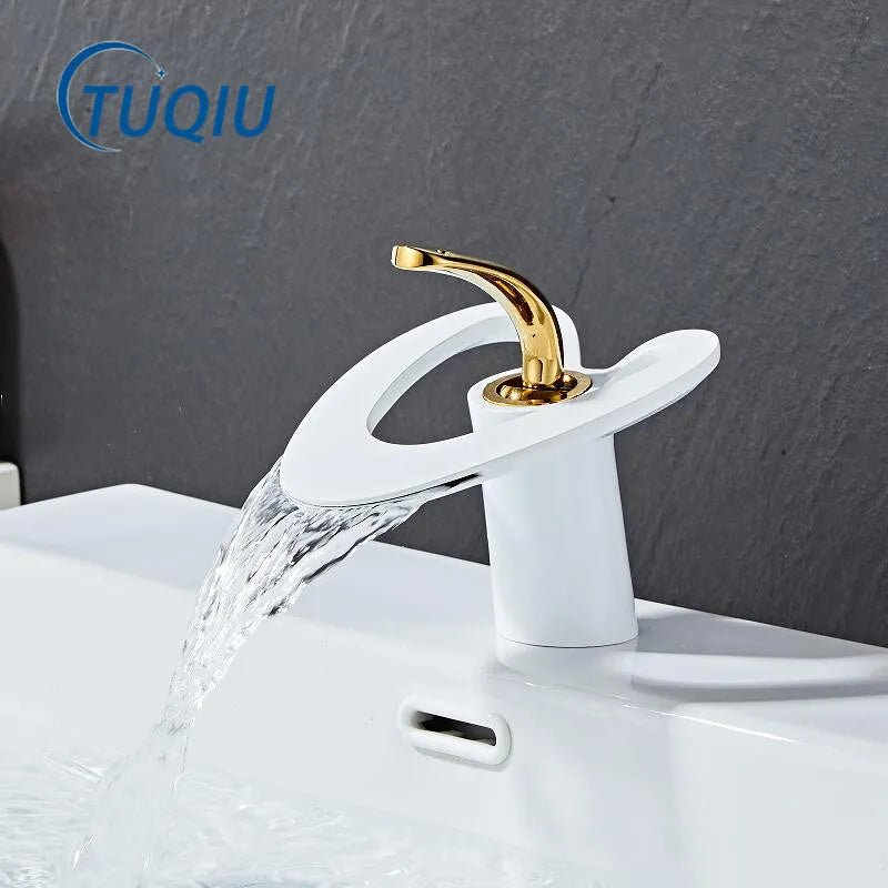 Decorbites™ Golden/Weißes Beckenarmatur: Schwarzes Messing-Wasserfall-Waschbeckenmischer, Heiß & Kalt.