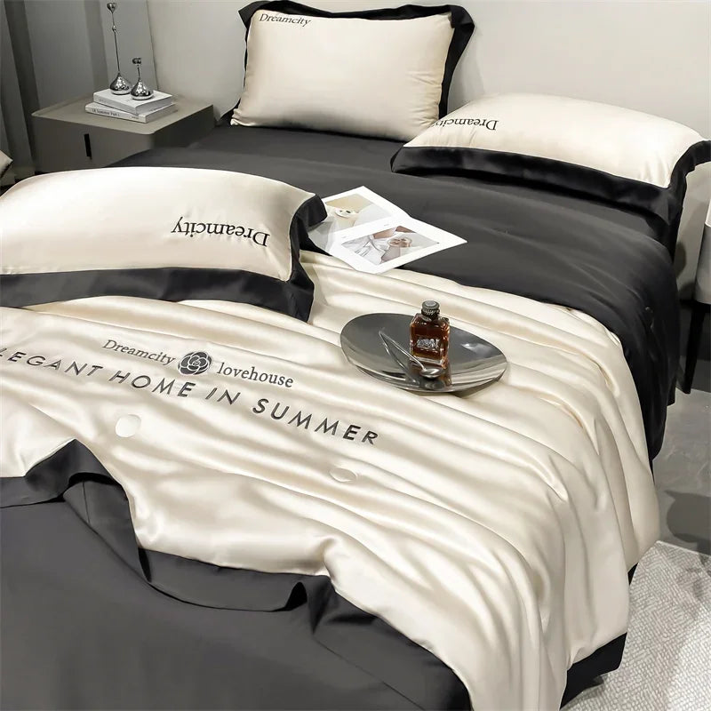 DecorBites™ Ice Silk Embroidered Quilt Set: Luxury European Style, Cooling Comforter