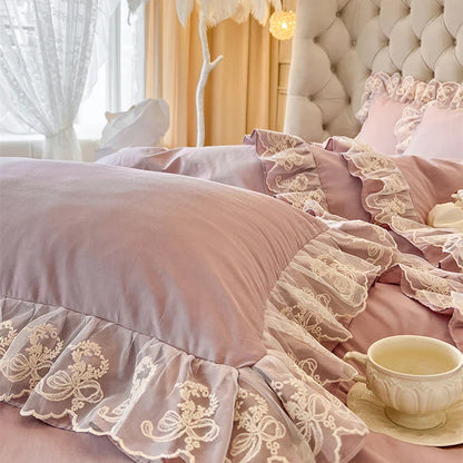 DecorBites™ Korean Princess Lace Ruffles Bedding Set in Bean Paste Pink