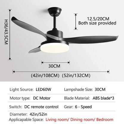 DecorBites™ 52" DC Ceiling Fan with 3 ABS Blades and 60W LED Light, Remote Control