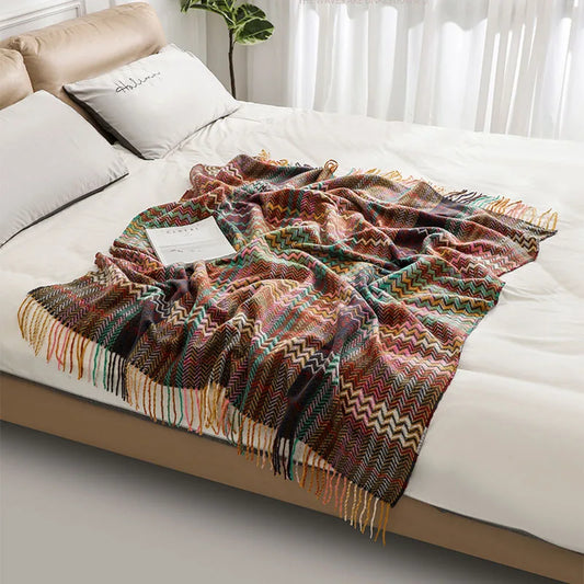 Decorbites™ Ethnic Wave Gewebte Fransen-Decke: Multifunktional für Bett, Sofa, Tisch, Büro-Nickerchen