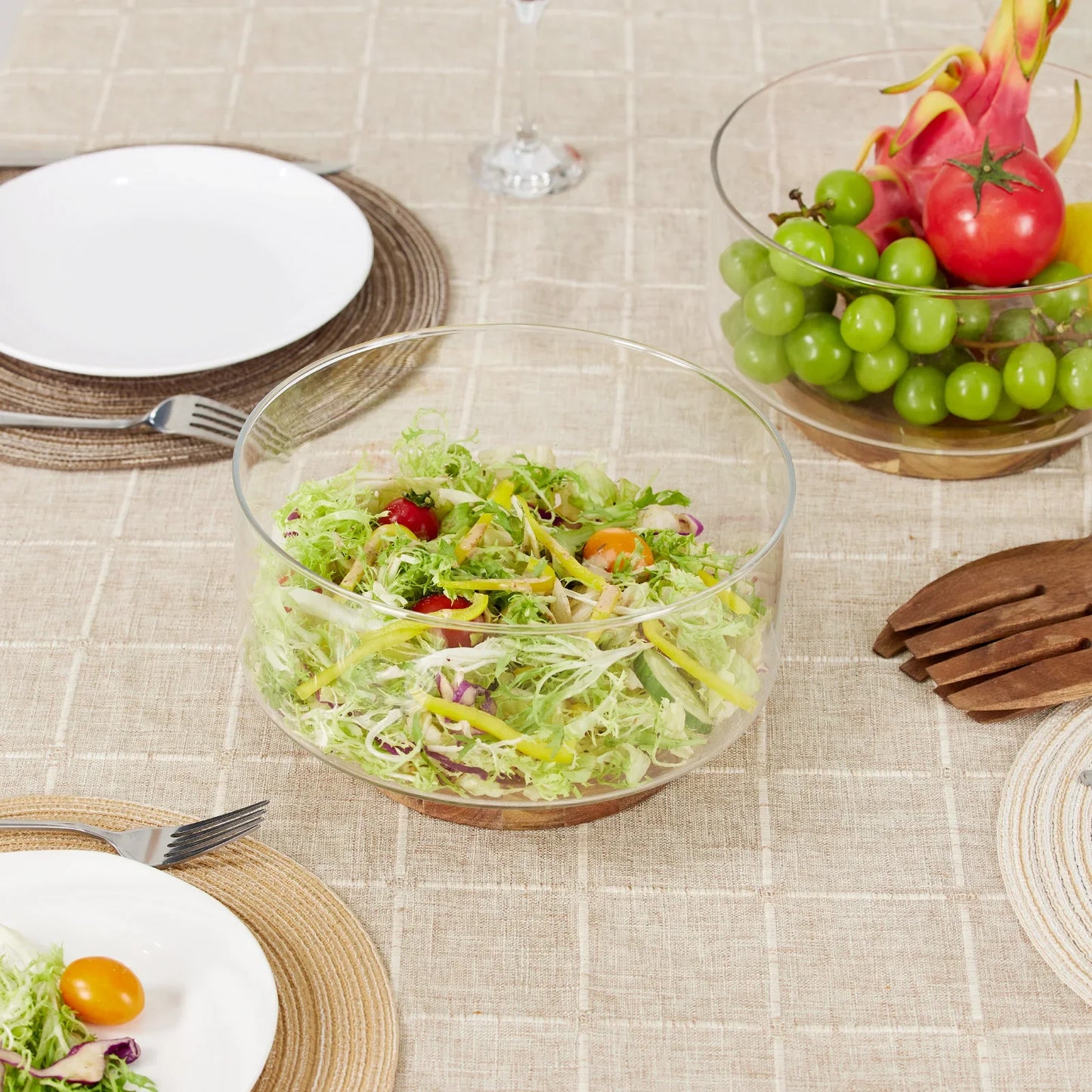 DecorBites™ Creative Glass Fruit Bowl with Wood Base - Large Salad Bowl for Snacks, Popcorn, Nuts, and More