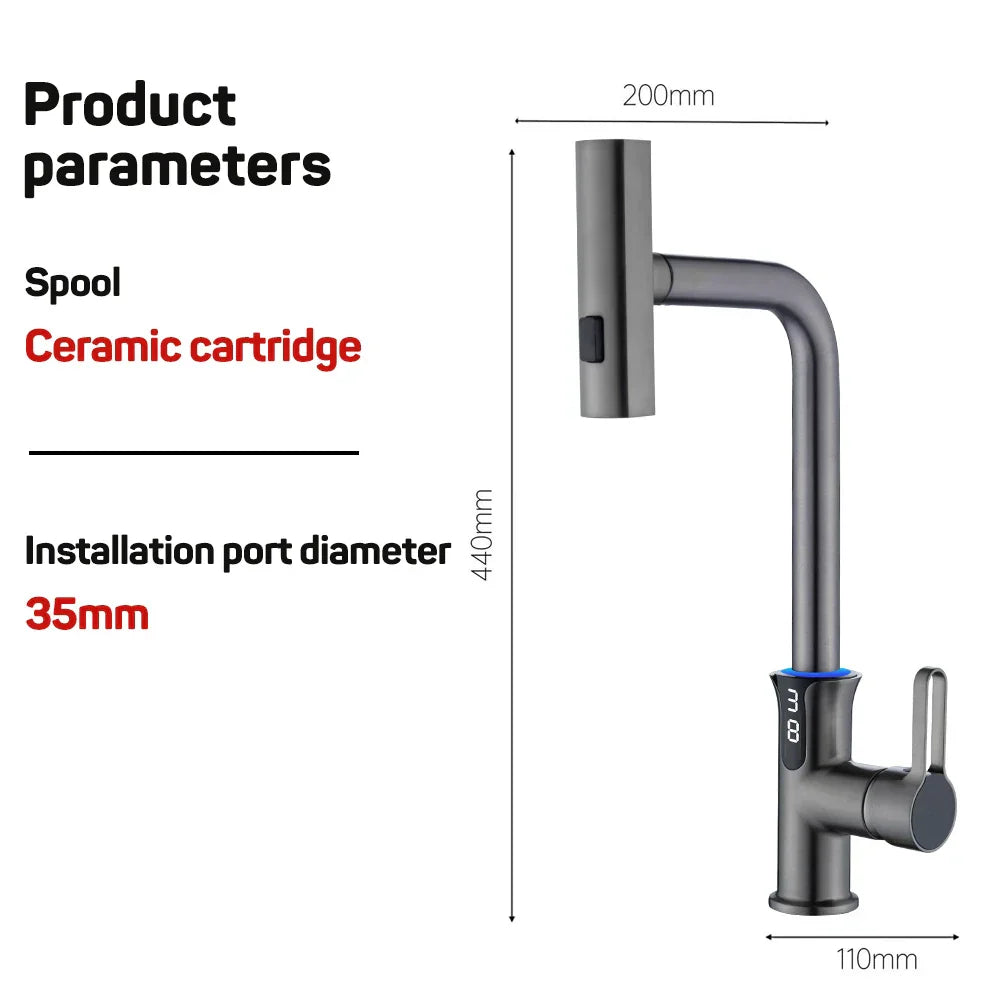 Decorbites™ Digital-Display-Wasserfall-Küchenspüle-Armatur mit herausziehbarem Sprühdüse
