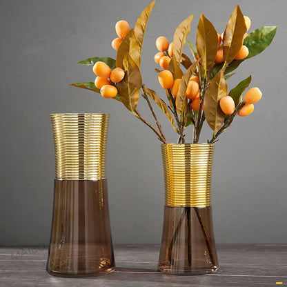 DecorBites™ Gold Metal Glass Vase: Round Transparent Terrarium for Home Decor & Flower Arrangement