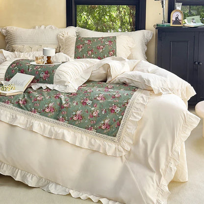 DecorBites™ French Flowers Lace Ruffles Cotton Bedding Set with Duvet Cover, Bed Skirt, and Pillowcases