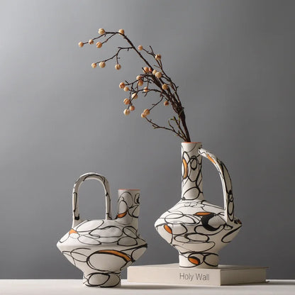 DecorBites™ Geometric Graffiti Ceramic Vase with Handles for Home Decor and Floral Arrangements.