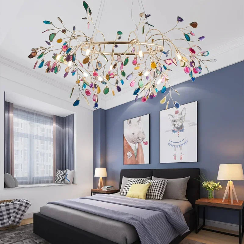 Decorbites™ Bunte Achat-LED-Kronleuchter: Blattförmige Pendelleuchte für romantisches Raumdekoration