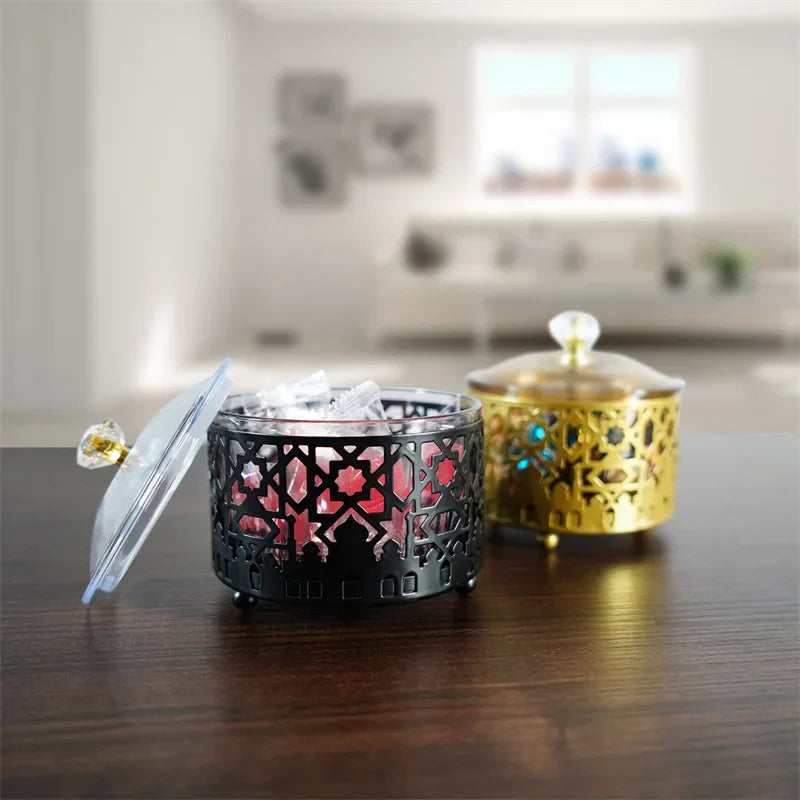 DecorBites™ Eid Mubarak Metal Fruit Snack Tray: Castle Tea Tray with Lid