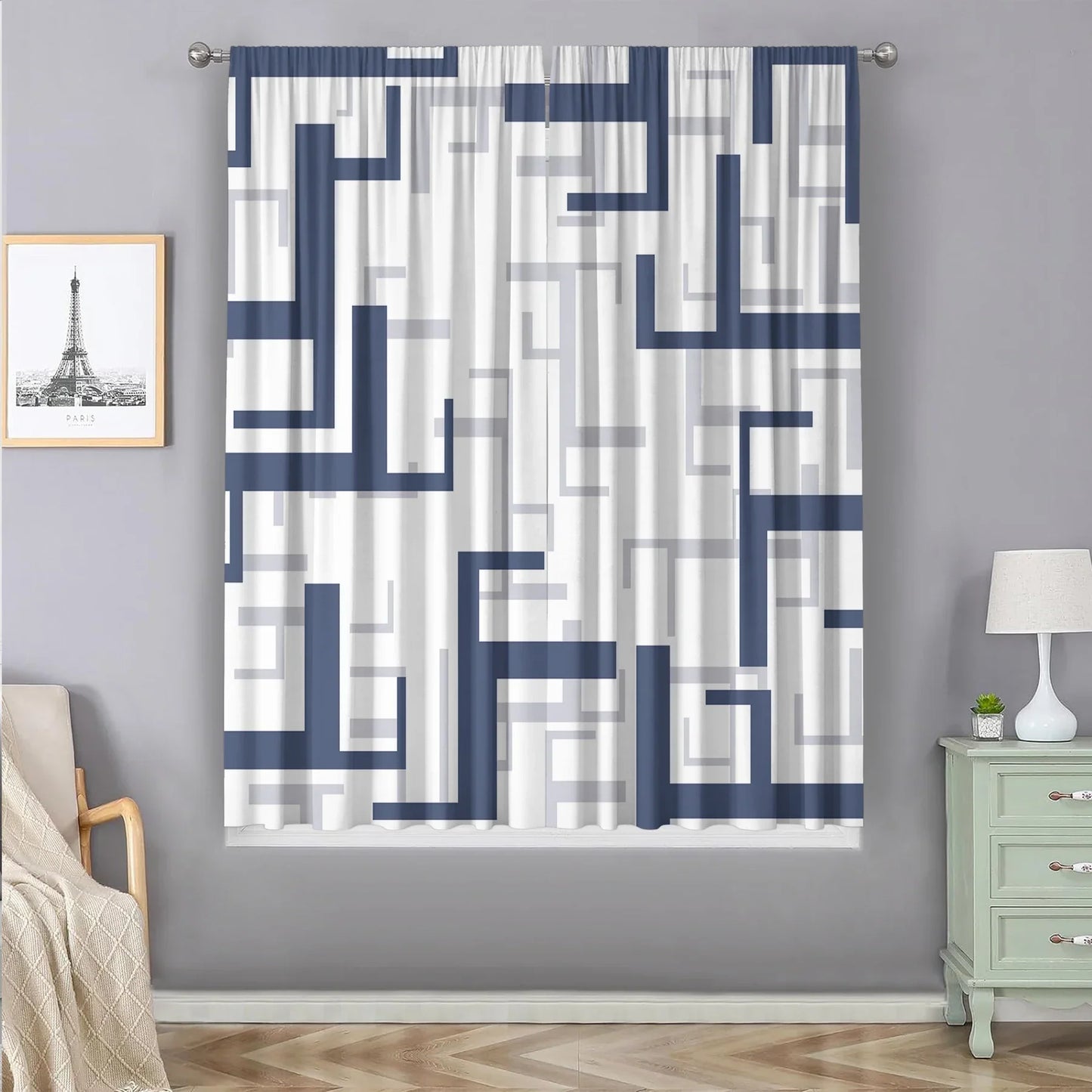DecorBites™ Geometric Grid Printed Curtain Set for Bedroom, Garden & Balcony