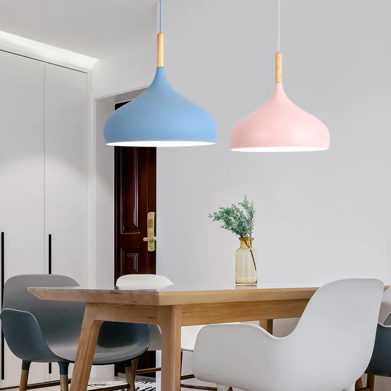 Modern Macaron Aluminum Pendant Light With Wood Accent