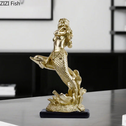 Decorbites™ Vergoldete Meerjungfrau-Statue Harz-Skulptur Raumdekoration Meeresorganismus-Ornament
