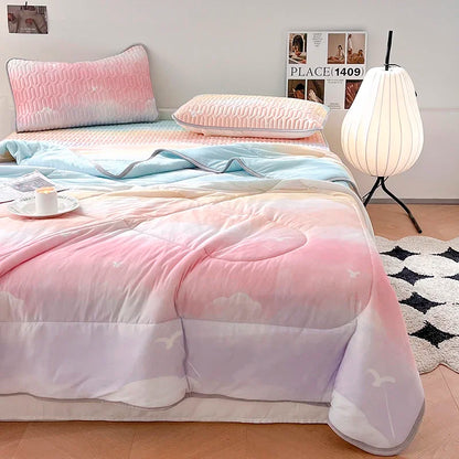 DecorBites™ Double-Sided Cool Comforter Set: Ice Silk Duvet, Fitted Sheet, Pillowcase