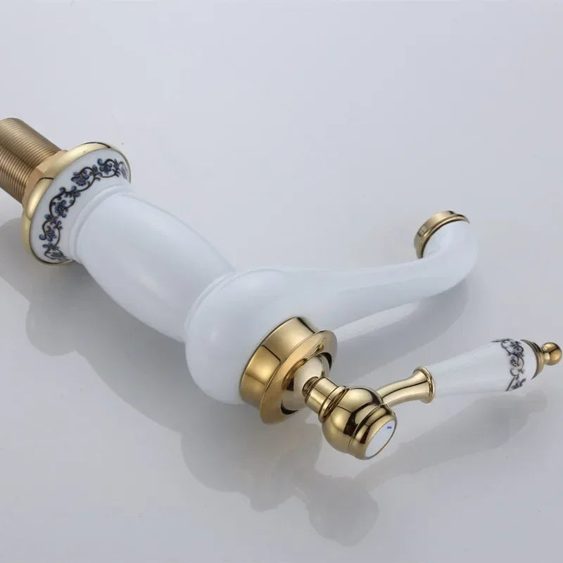 Gold Ceramic Basin Faucet White Ceramic Body