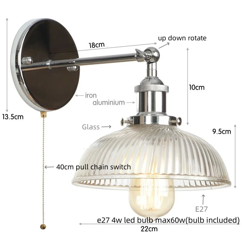 Decorbites™ Glas-Industrie-LED-Wandleuchte mit Zugschalter, Vintage-Nachttischlampe