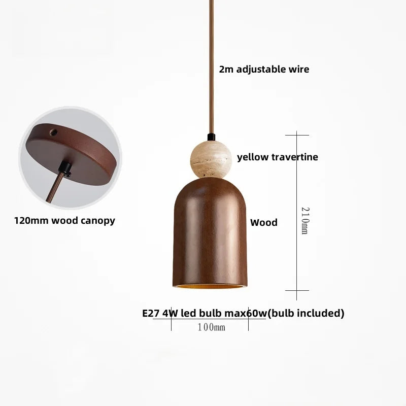 Bronze-finished wooden decorbites led pendant light with yellow travertine sphere for dining room pendant lights