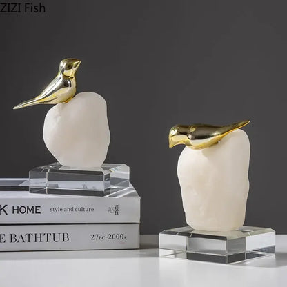 Decorbites™ Goldener Vogel-Statue Kristallbasis Schreibtisch-Dekoration, vergoldete moderne Heimdekoration