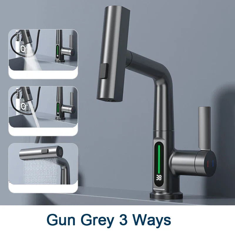 DecorBites™ Digital Display Basin Faucet with 3-Way Nozzle: Pull Out, Rainfall Stream, Hot Cold Mixer
