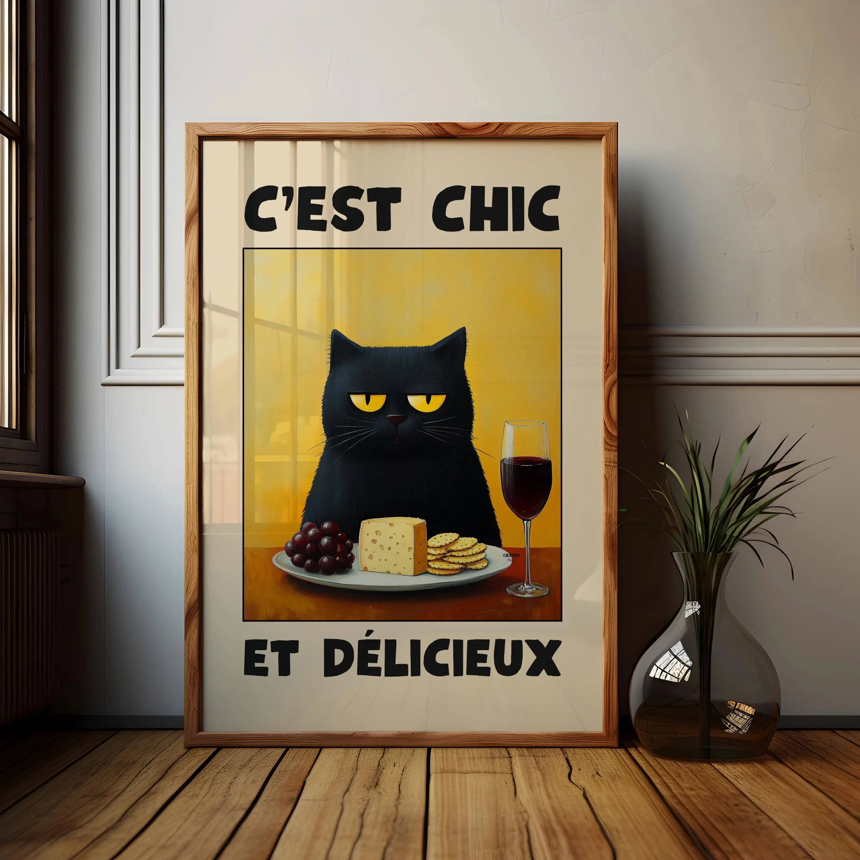 1pc Frameless Black Cat Breakfast Art Poster Retro Style Bonjour Canvas Painting for Dining Room or Bedroom Wall  Art Decoration