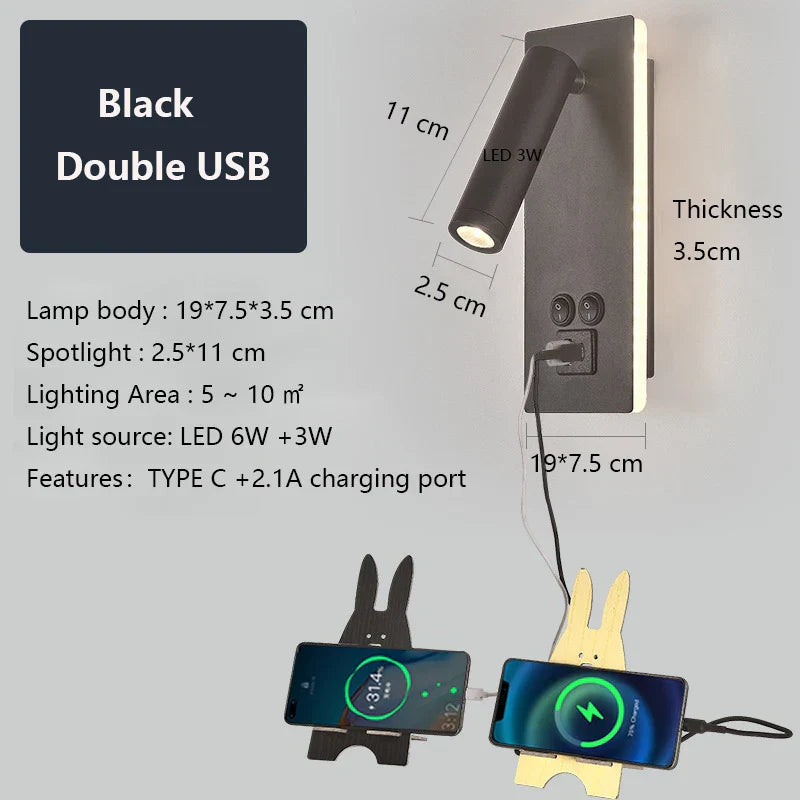 Decorbites™ Schwarz-Messing LED-Wandleuchte mit USB-Anschluss & Schalter - 3W-Scheinwerfer für das Schlafzimmer