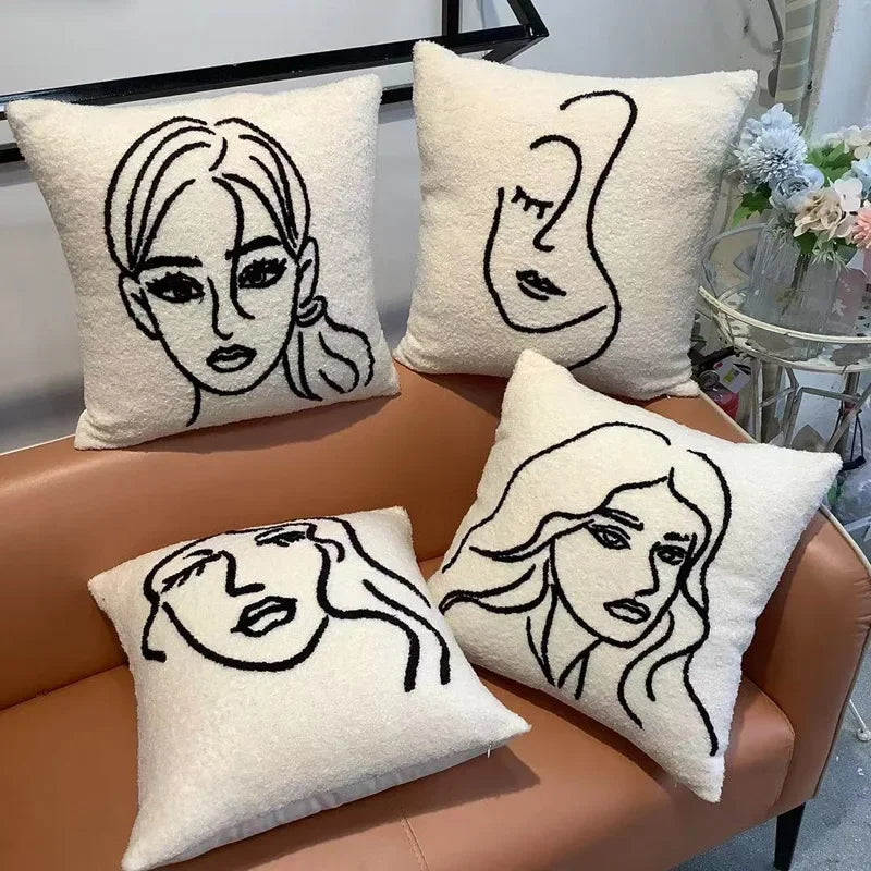 Decorbites™ Merinowolle-Gesicht besticktes Kissenbezug 45x45 - Beige Weiß abstrakte Kunst Kissenbezug