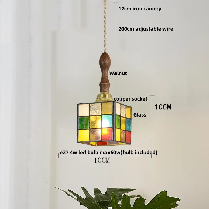 Decorbites™ Bunte Glas-Magisches-Würfel-LED-Hängeleuchte Tiffany-Stil Holz-Hänge-Lampe