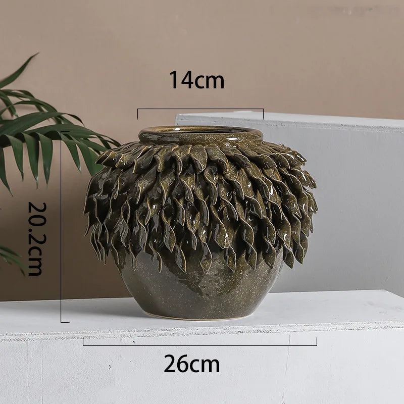 Decorbites™ Blattrelief-Keramikvase: Handgefertigter 3D-Blumenarrangement-Topf