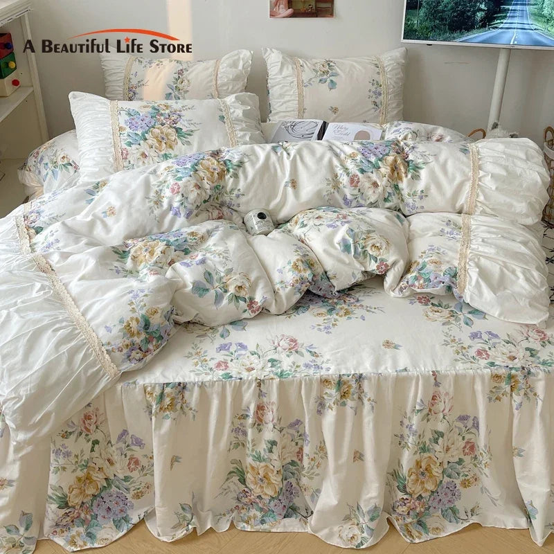 Decorbites™ Koreanische Prinzessinnen-Blumen-Bettwäsche-Set - Bettbezug, Bettrock, Kissenbezüge