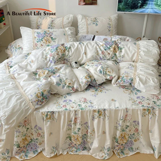 Decorbites™ Koreanische Prinzessinnen-Blumen-Bettwäsche-Set - Bettbezug, Bettrock, Kissenbezüge