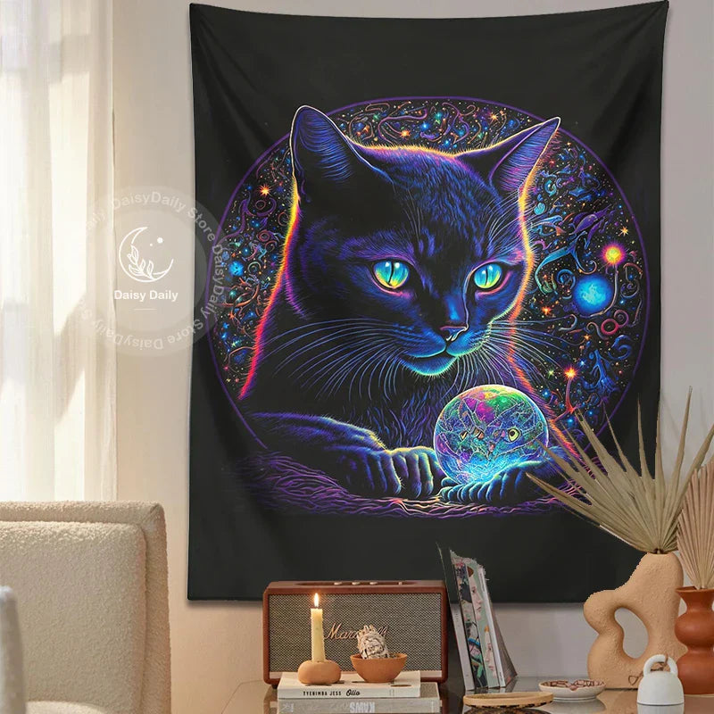 Decorbites™ Schwarze Katze Gobelin: Trippy Magischer Kristallkugel Wandkunst für Boho Heimdekoration