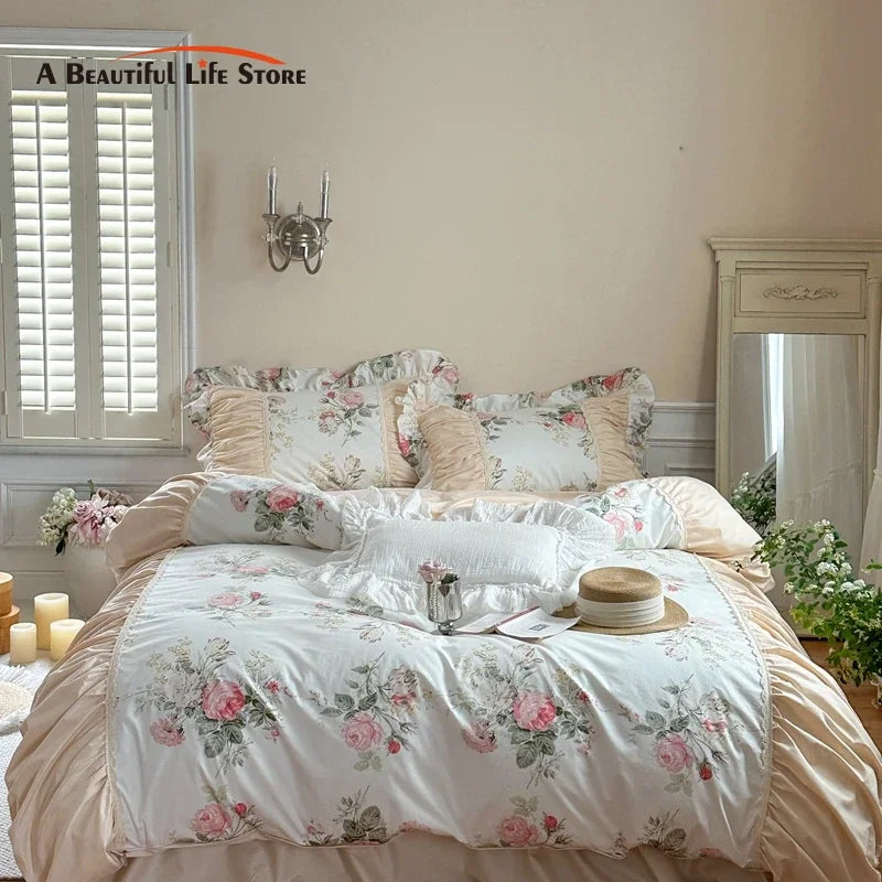 Decorbites™ Koreanische Prinzessin-Stil Blumen-Baumwoll-Bettwäsche-Set mit Rüschen