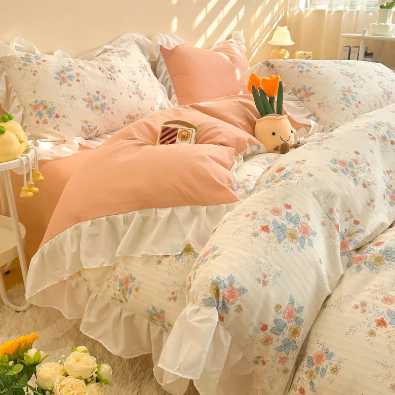 Decorbites™ Koreanische Prinzessin Blumen-Volants-Bettwäsche-Set: Einzel-/Queen-Duvet, Bezug & Kissenbezüge