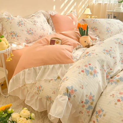 Decorbites™ Koreanische Prinzessin Blumen-Volants-Bettwäsche-Set: Einzel-/Queen-Duvet, Bezug & Kissenbezüge