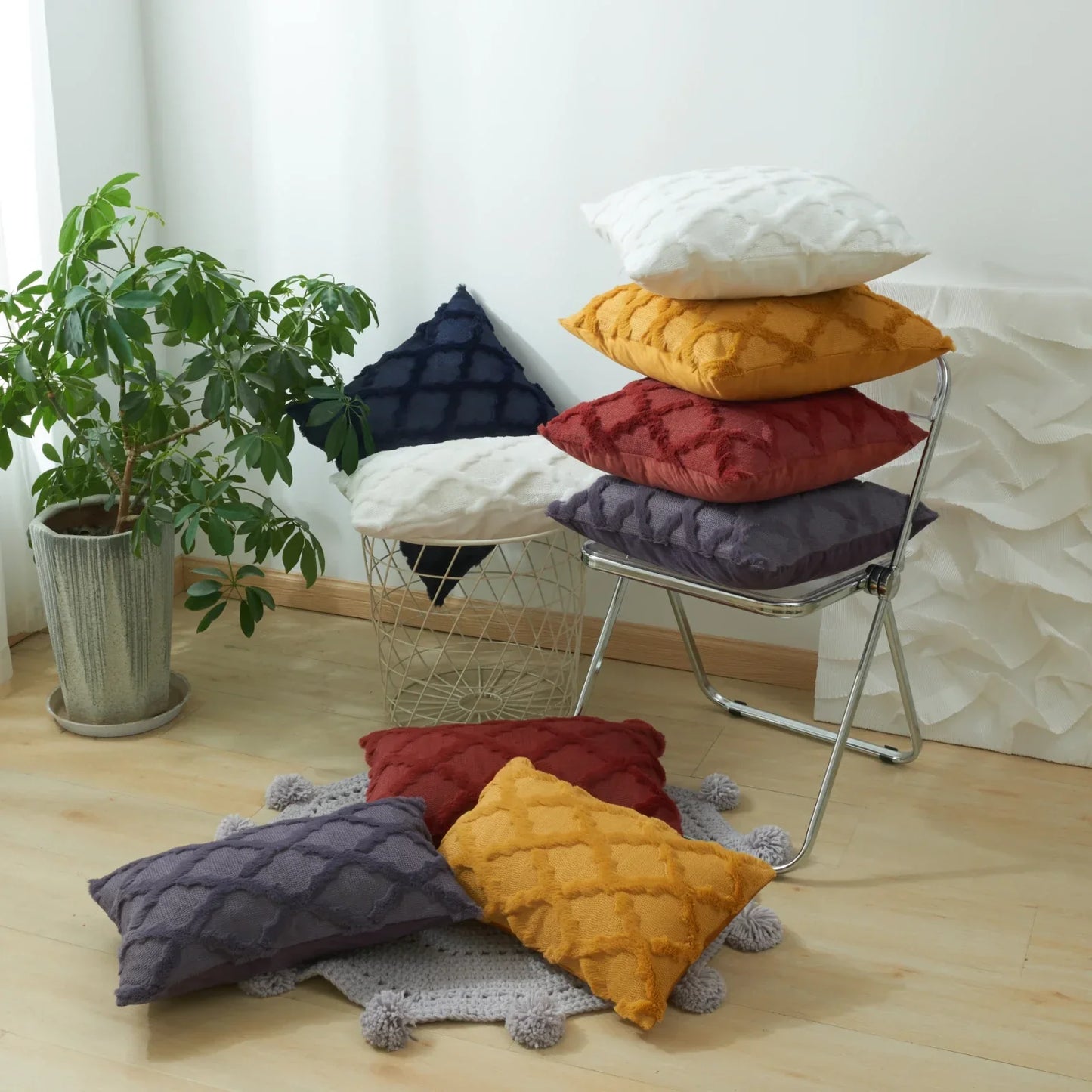 DecorBites™ Diamond Solid Embroidery Cushion Cover for Modern Home Decor